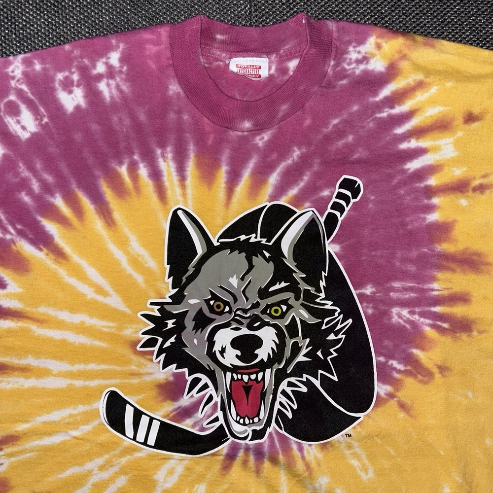 Rare Vintage 90s Chicago Wolves Tie Dye Hockey T-Shirt Mens Size XL Retro Skater